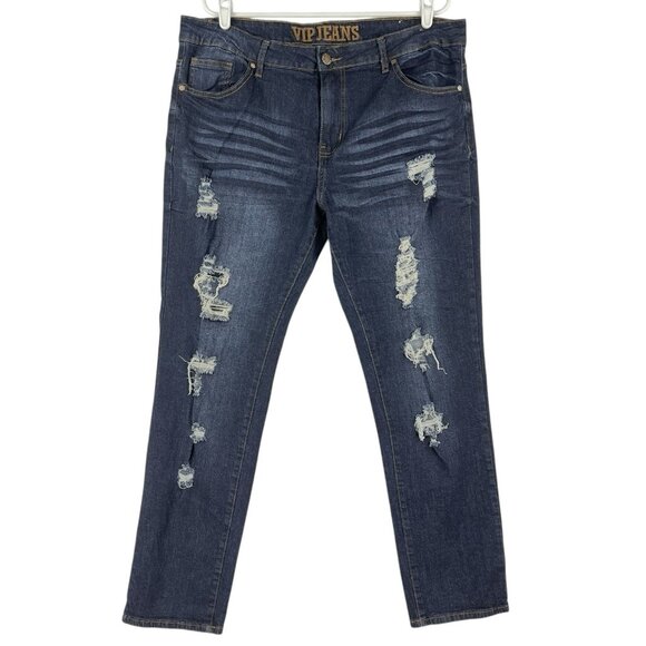 VIP JEANS Women's Distressed Stretch Blue Jeans Size 16 High Rise Straight Leg - Picture 1 of 12